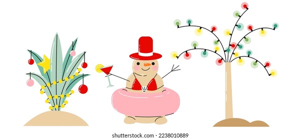 Palm trees, cactus and funny snowman made of sand on the Christmas beach. Hand drawn vector illustration. Tropical xmas background, banner.