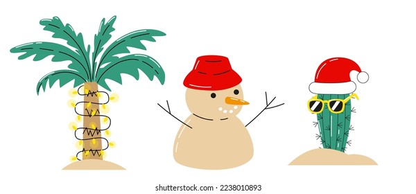 Palm trees, cactus and funny snowman made of sand on the Christmas beach. Hand drawn vector illustration. Tropical xmas background, banner.