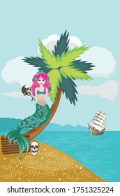 Palm trees and cartoon mermaid, summer fun design.