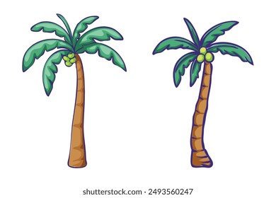 Palm trees in cartoon style. Vector illustration of Tropical plant coconut trees. Isolated on white background. Good for sticker, clipart, print, asset design, element, icon, mascot logo.