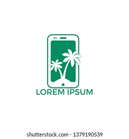 Palm trees and cell phone vector logo design.Travel and holiday mobile app logo concept.