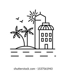Palm trees and cityscape line icon, outline vector sign, linear style pictogram isolated on white. Symbol, logo illustration. Editable stroke. Pixel perfect vector graphics