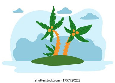 Palm trees with coconut on the island against the sea and blue sky with clouds flat vector illustration. Beautiful landscape of a tropical island sunny day cartoon design style. Coconut tree with nuts