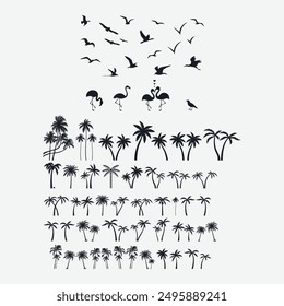 Palm Trees, coconut tree and birds silhouette collection. Editable, EPS 10, Vector Illustration.
