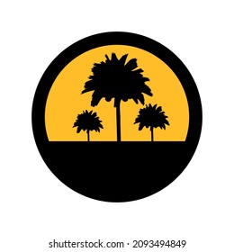 Palm trees with coconuts, black and yellow colors, round sign a white background, vector illustration