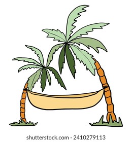 Palmeras con cocoteros y hamaca. El verano se extiende sobre un fondo blanco. Dibujo manual