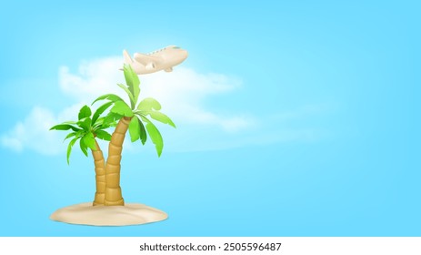 Palmeras con cocos en isla de arena abstracta, avión volador en nubes blancas sobre fondo azul con espacio de copia para vacaciones de playa de verano y diseño de viajes. Bosques tropicales de Vector 3D con plano.