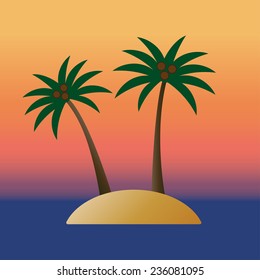 Palm trees with coconuts on island with sunset background in ocean or sea. Colorful tropical landscape. Vector illustration.