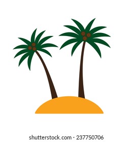 Palm trees with coconuts on island isolated on white background. Colorful tropical landscape. Vector illustration. 