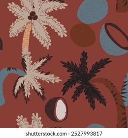 Palm trees and coconuts. Vintage retro pattern with texture in linocut style vector