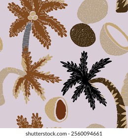 Palm trees and coconuts. Vintage retro pattern with texture in linocut style vector