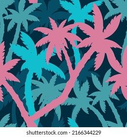 Palm trees colorful vintage pattern seamless plants growing on azure shores and resorts flora of tropical islands vector illustration
