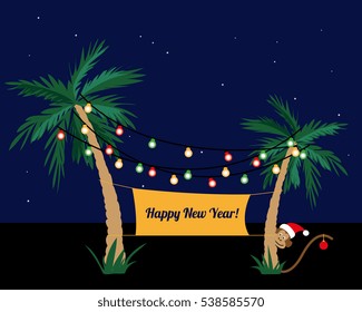 Palm trees decorated with colorful garland. Merry Christmas. Happy New Year