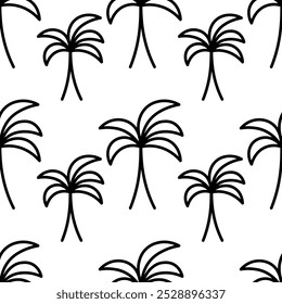 Palm trees of different sizes. Sketch. Repeating vector pattern. Outline on isolated white background. Doodle style. Continuous ornament of tropical trees. Exotic plant with mighty trunk.