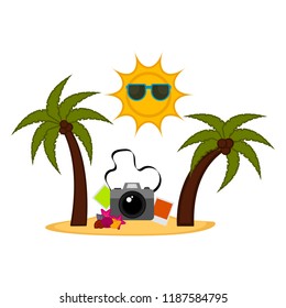 Palm trees with different summer travel objects