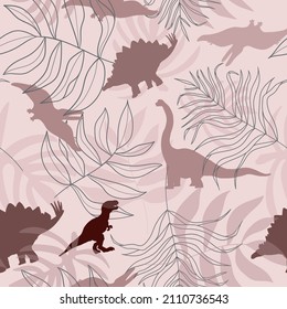 Palm trees with dinosaurs. Childish seamless pattern with dinosaurs. Background for textile and fabric. Funny cartoon dino seamless pattern.