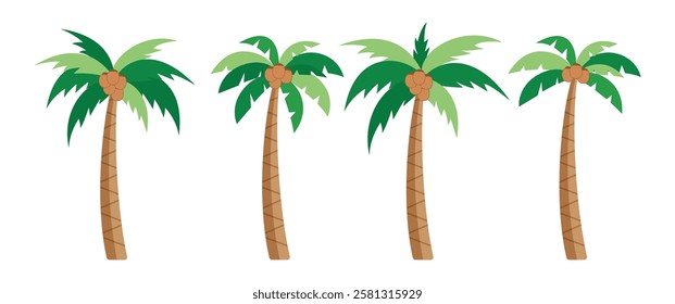 Palm trees drawing clipart set. Coconut tropical summer clip art with green leaves nature tree elements collection vector illustration. 
