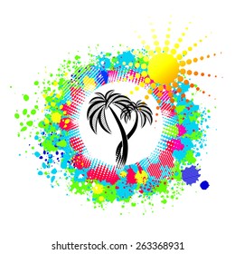 Palm trees with drops of paint and sun. Vector
