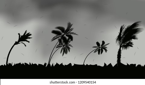 Palm trees during storm and hurricane. Leaves fly across the sky from a storm. Vector Illustration. EPS10