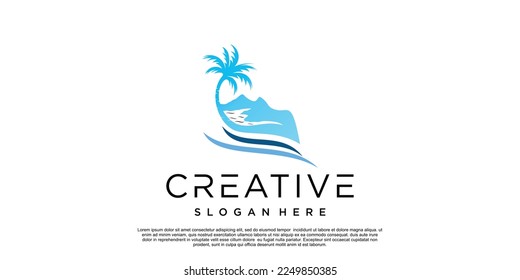 Palm trees emblems combination palm tree and beach logo Premium Vector