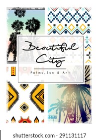Palm trees with ethnic,tribal print mixed style in vector