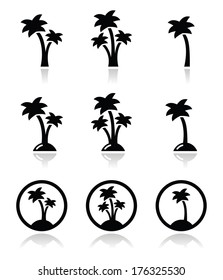 Palm trees, exotic holidays on beach vector icons set