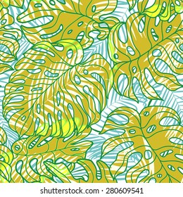 Palm trees and exotic leaves. Color seamless vector pattern.