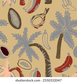 Palm trees and exotic tropical fruits texture stylized seamless pattern rapport vector