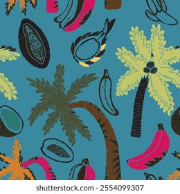 Palm trees and exotic tropical fruits texture stylized seamless pattern rapport vector