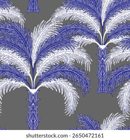 Palm trees. Exotic tropical seamless pattern. Modern retro style with sketch elements.