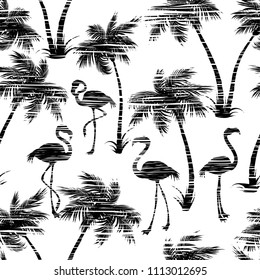 Palm trees and Flamingo pattern. Tropical background.  Trees, leaves, flamingo black on white background. Template design for t-shirts, textiles, wrapping paper black, white. Vector template