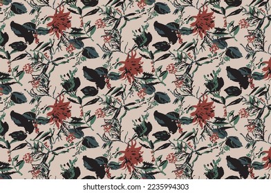 Palm trees and flowers bird of paradise (strelitzia) plumeria tropical dark green leaves beach cheerful pattern wallpaper on a light yellow background