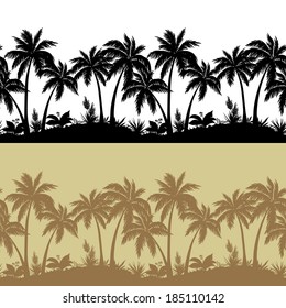 Palm trees, flowers and grass, black and brown isolated silhouettes, set seamless patterns. Vector