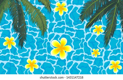 Palm trees with flowers on the background of the pool, vector art illustration.