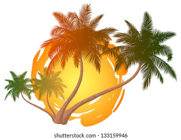 Palm trees four palms against an abstract sun.