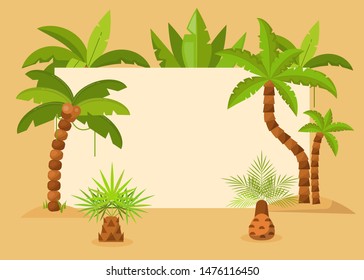 Palm trees frame vector illustration. Summer tropical background with exotic palm leaves and trees frame. Save the Date. Travel flyer, party invitation, ecological announcement.