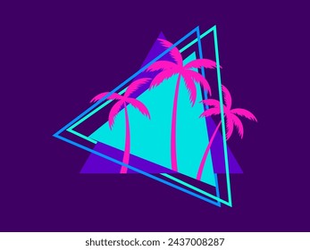 Palmeras en el estilo futurista de los años 80. Triángulo con siluetas de palmeras tropicales synthwave años 80. Diseño para banners y carteles, productos publicitarios. Ilustración de vector