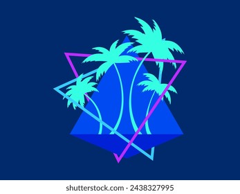 Palm trees in the futuristic style of the 80s. Triangle with silhouettes of tropical palm trees synthwave 80s. Design for banners and posters, advertising products. Vector illustration