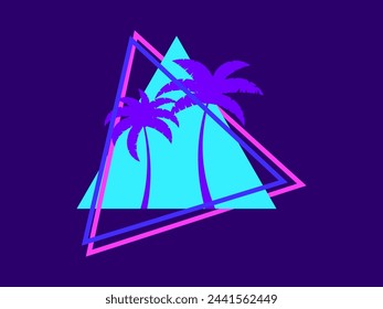 Palm trees in the futuristic style of the 80s. Triangle with silhouettes of tropical palm trees synthwave 80s. Design for banners and posters, advertising products. Vector illustration