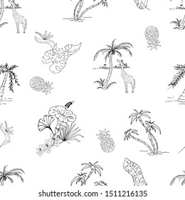 Palm trees, giraffe, orchids. Seamless pattern. Line drawing. Vector illustration.