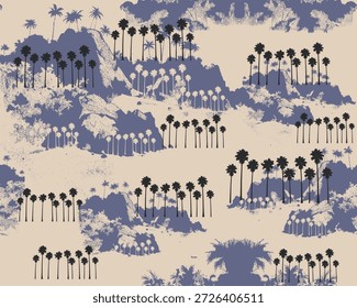 Diseño gráfico de palmeras. diseño de impresión para camisa, camiseta, patrón tropical sin costuras. diseño de impresión de camisa. ilustraciones de patrón de playa de verano. estampado de playa vintage. patrón abstracto de montaña. camiseta de hombre