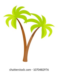Palm trees with green leaves and brown trunk, palms icons in flat style design, exotic tropical jungle forest trees vector illustration isolated on white