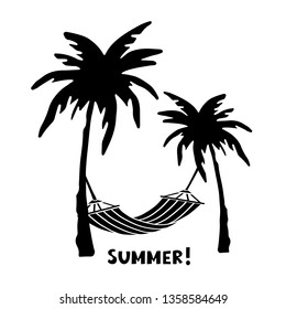 Palm trees, hammock. Black silhouette. Sketch hand drawn isolated on white background. Summer handwritten font