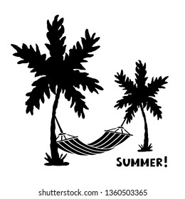 Palm trees, hammock. Black silhouette. Sketch hand drawn isolated on white background. Summer handwritten font