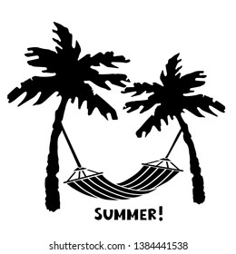 Palm trees, hammock. Black silhouette. Sketch hand drawn isolated on white background. Summer handwritten font