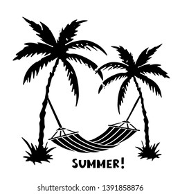 Palm trees, hammock. Black silhouette. Sketch hand drawn isolated on white background. Summer handwritten font