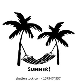 Palm trees, hammock. Black silhouette. Sketch hand drawn isolated on white background. Summer handwritten font