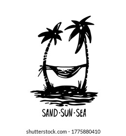 Palmeras, hamaca, isla, playa, agua, olas, silueta negra marina. Icono, logotipo. Esbozo dibujado a mano en fondo blanco. Tipo de letra manuscrito, con letras Sand Sun Sea