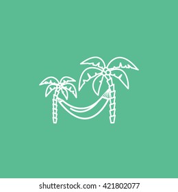 Palm Trees And a Hammock Line Icon On Green Background