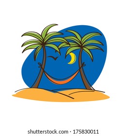 Palm trees with a hammock on the beach. Vector.